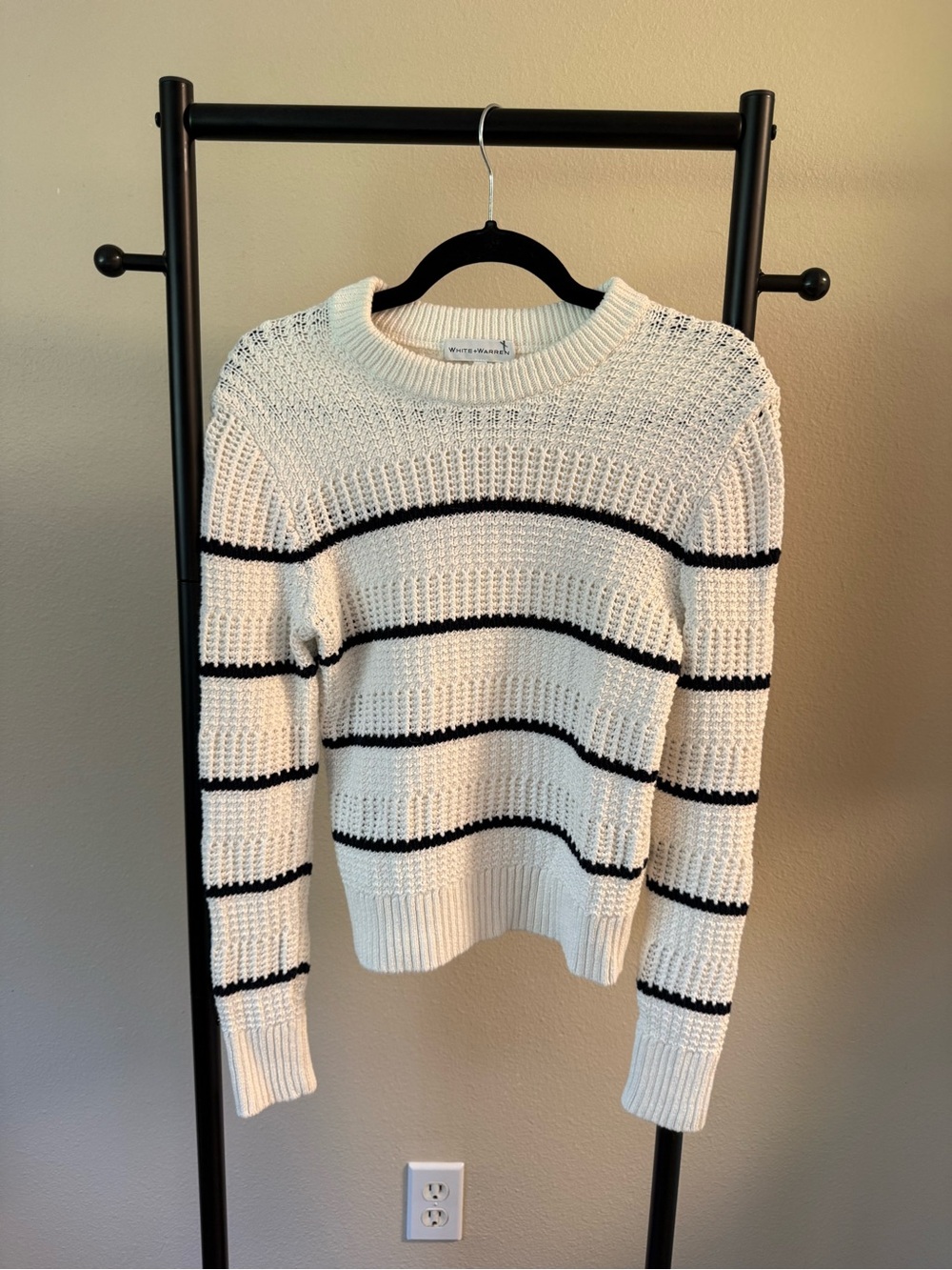 White + Warren Cream and Black Striped Open-Knit Crewneck Sweater